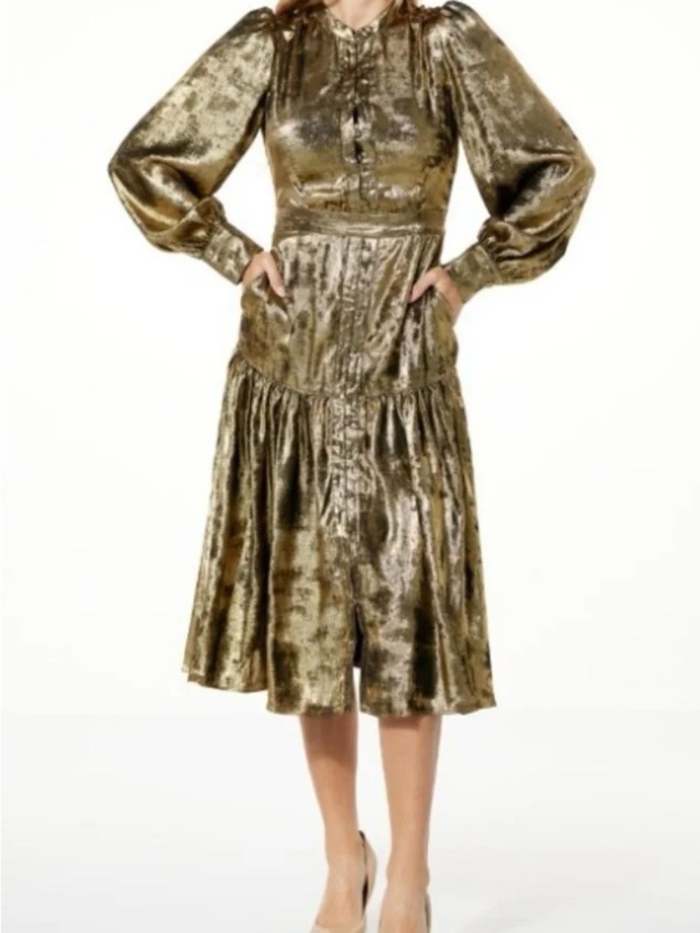 Metallic Gold Midi Dress with Balloon Sleeves